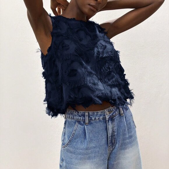 Tops - Navy Blue Bohemian Women's Casual Jacquard Camisole Top